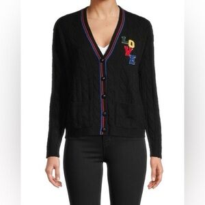 Minnie Rose Black Cable Knit Cashmere Cardigan with Embroidered Letters ‘Love’